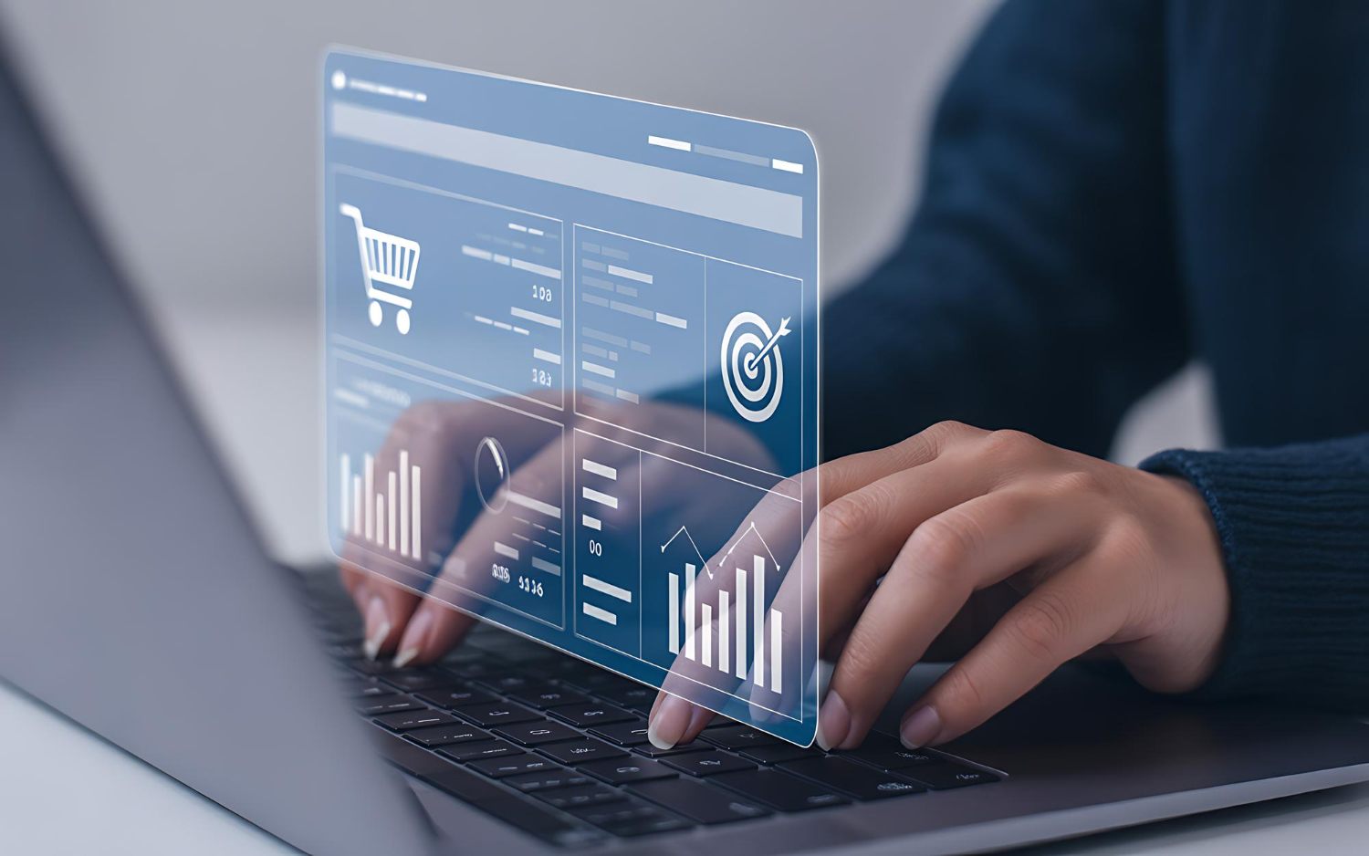 Illustration of a laptop with ecommerce dashboard graphics