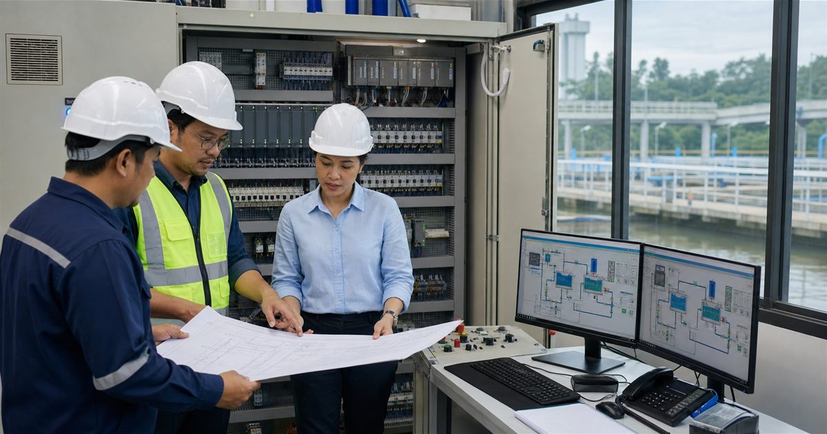 Engineering team reviewing drawings beside a monitoring workstation