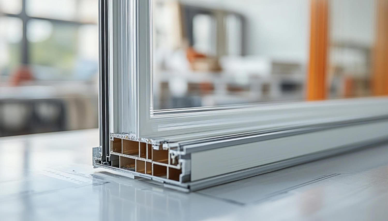 Close-up of a frame profile and glazing sample