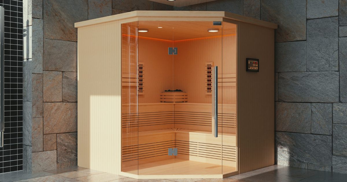 Wood-lined sauna cabin with seating