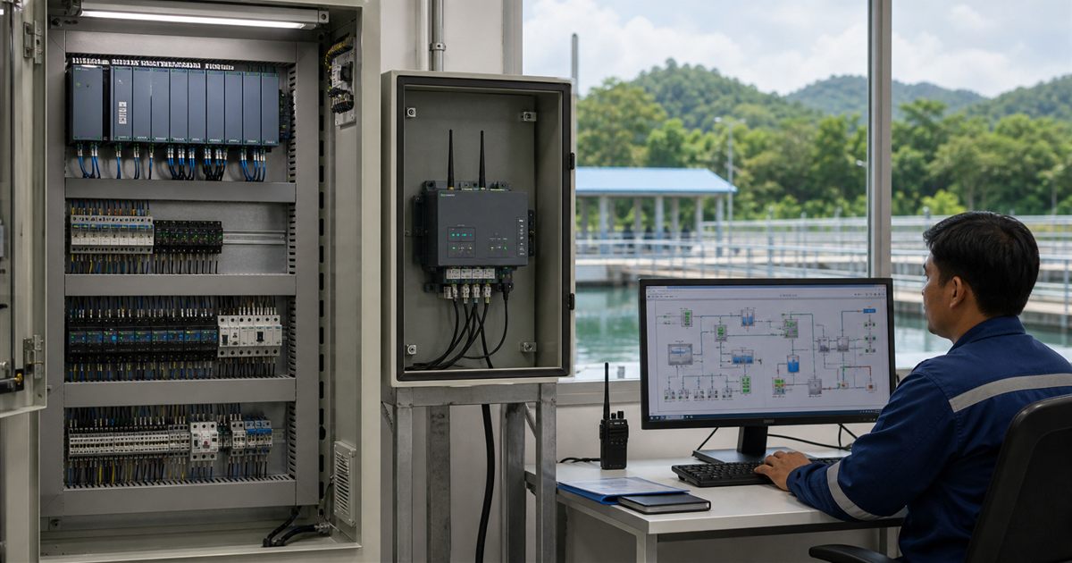 Control cabinets and an operator workstation inside a plant