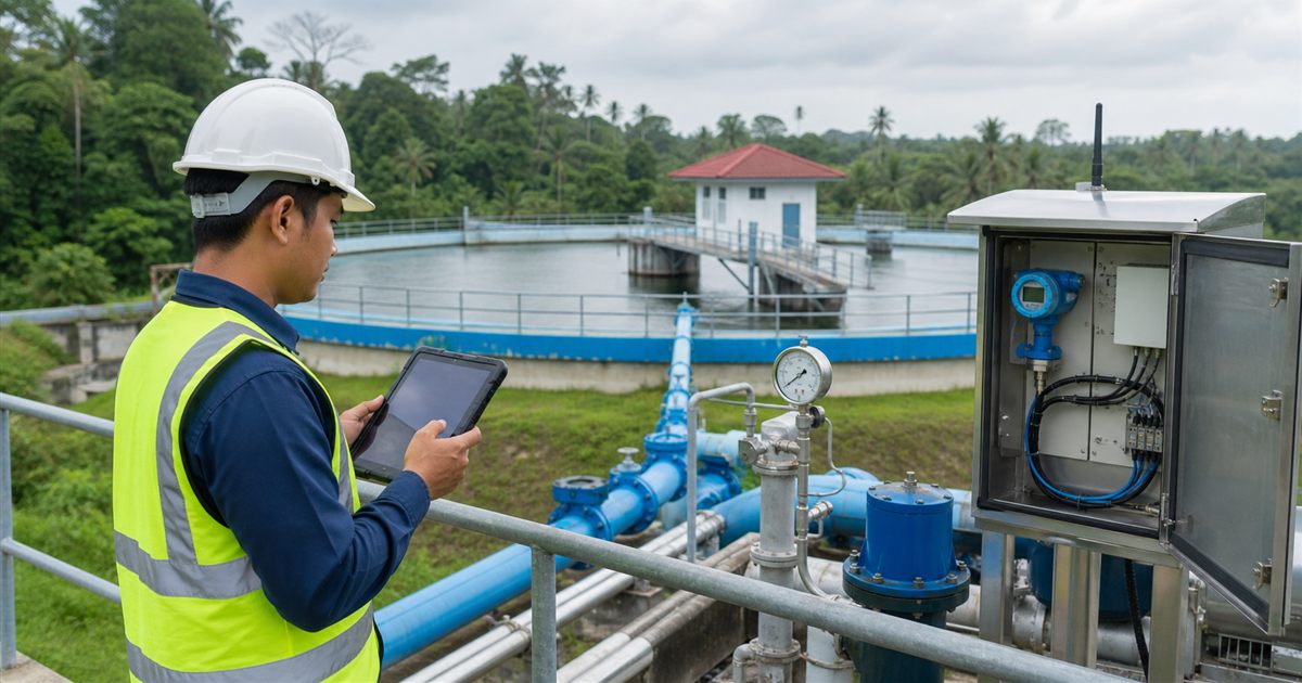 Engineer using a tablet near water pipes and a monitoring cabinet