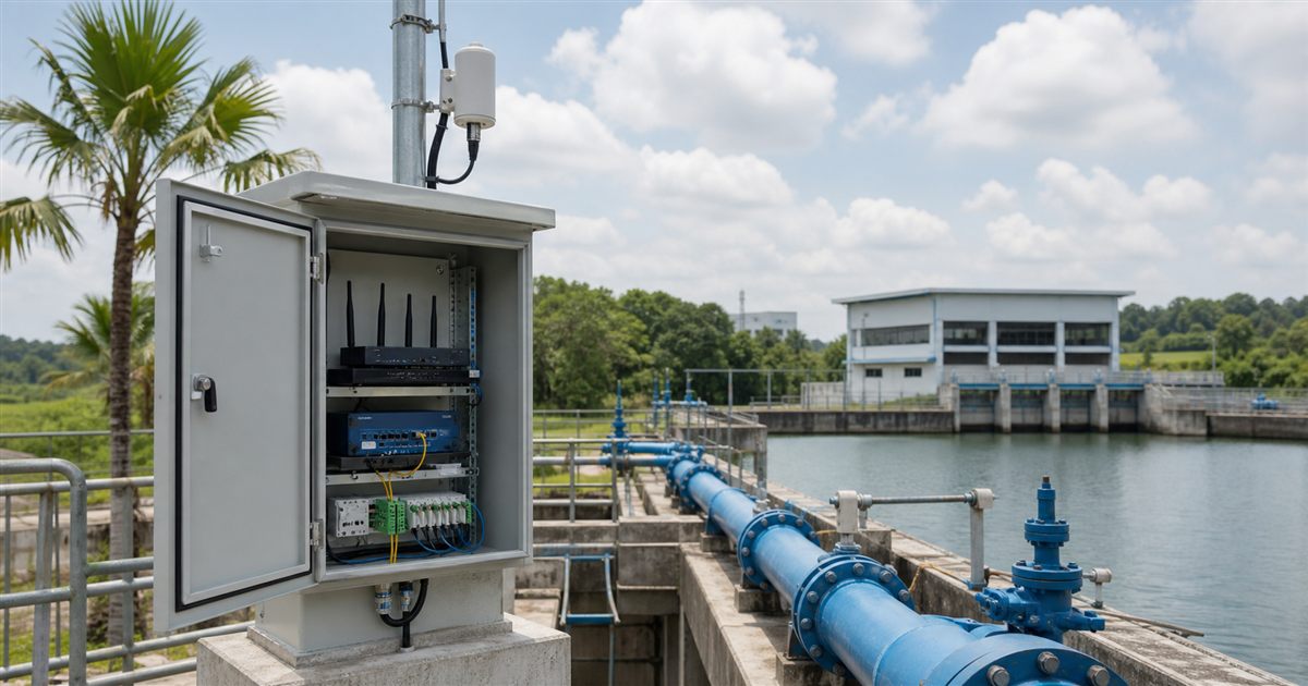 Monitoring cabinet and antenna beside water treatment pipes