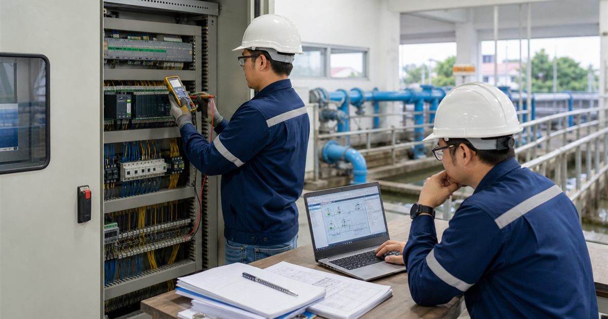 Two workers testing a control cabinet with a meter and laptop